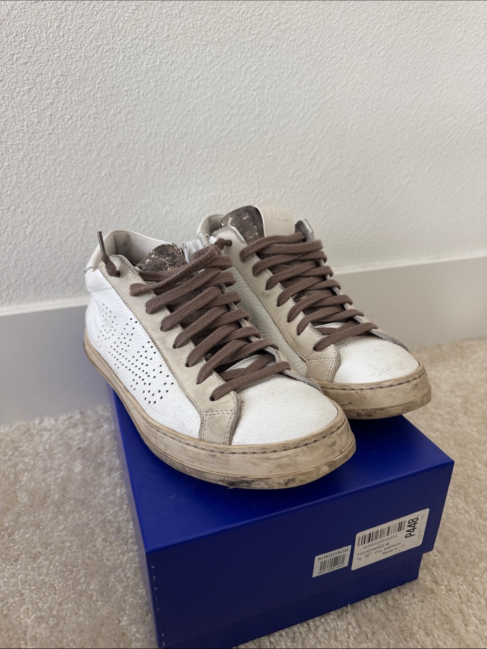 P448 White Leather Sneakers with Brown Laces and Speckled Tongue
